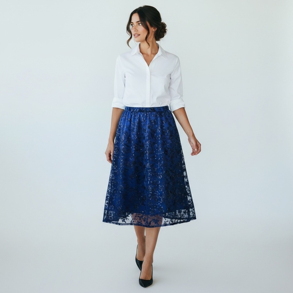 Lands End Party Formal Party Midi Maxi Sequins Skirt XL 18 Navy Elastic Waist